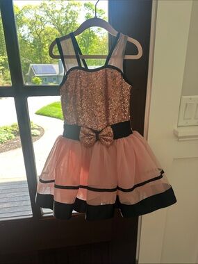 Girls Sequin Bow Tulle Dance Dress - Pink and Black Kids Costume